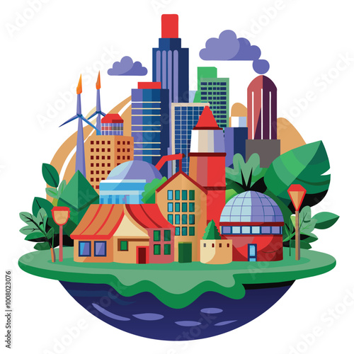 The illustration captures a lively green city featuring eco friendly architecture wind turbines and abundant greenery promoting sustainable living and harmony