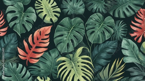 Vibrant seamless pattern featuring green tropical leaves, perfectly isolated on a bright background