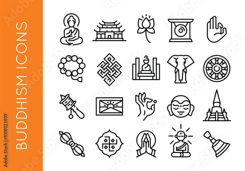 Buddhism icons. Set of 20 Buddhism-themed trendy minimal icons. Buddha, Lotus, Prayer Wheel, Dharma Wheel, Mala Beads icon. Design signs for web page, mobile app, packaging design. Vector illustration