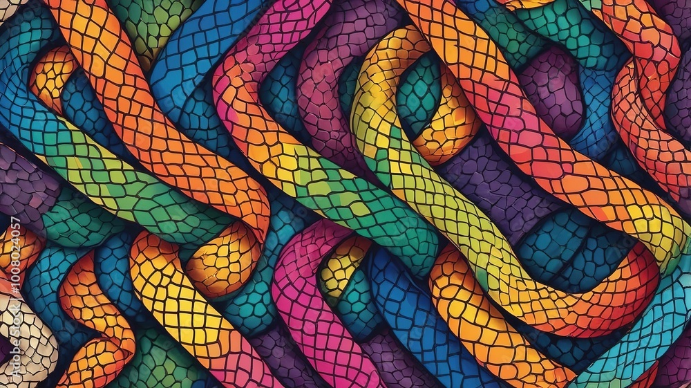 Vibrant geometric snake skin pattern with colorful, seamlessly interconnected shapes for a bold design Vibrant geometric snake skin pattern with colorful, seamlessly interconnected shapes for a bold design