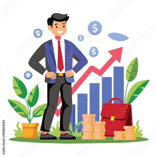 A confident young man stands among plants coins and a rising graph symbolizing growth and opportunities for passive income