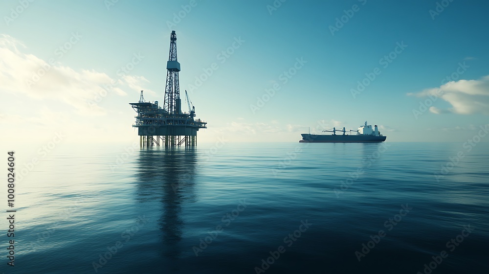 Oil Rig and Cargo Ship on a Calm Ocean Oil Rig and Cargo Ship on a Calm Ocean