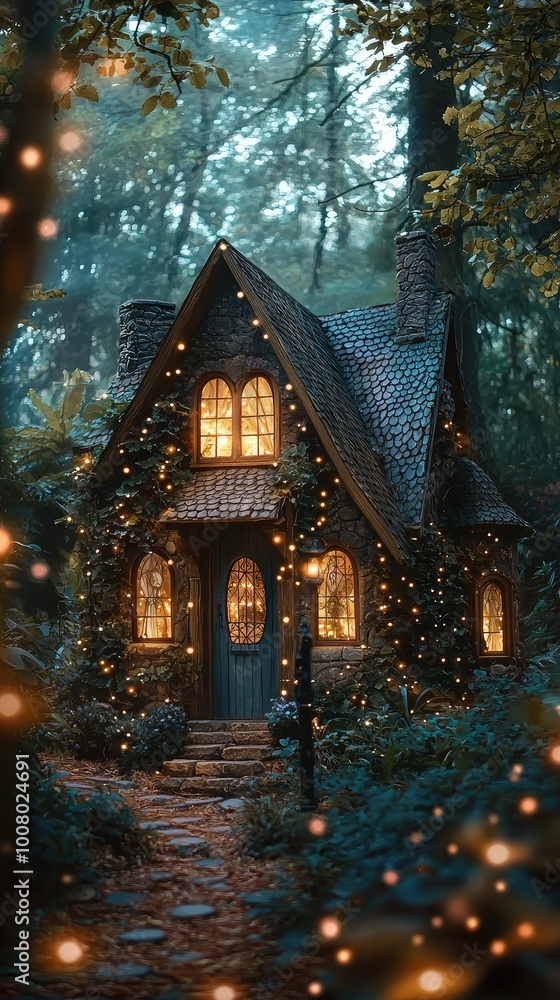 Fototapeta premium A whimsical cottage nestled in a misty forest, adorned with glowing lights, creating a magical atmosphere perfect for storytelling.