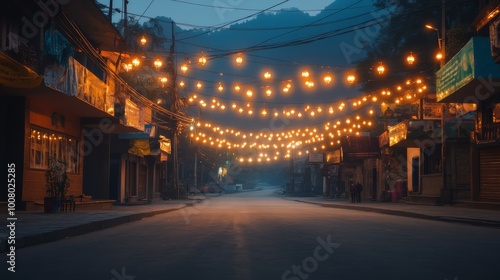 Wallpaper Mural An empty scene featuring vibrant Kullu Dussehra street lights strung across the town with glowing lanterns, creating an ideal product mockup space, with ample copy  Torontodigital.ca