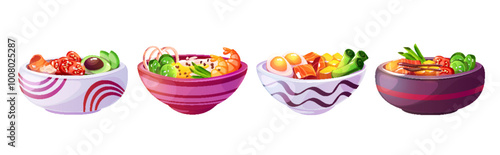 Poke bowl with salmon, avocado, rice and shrimp illustartion. Veggie salad nutrition for dinner. Healthy ingredients, seafood and sesamum served in cafe isolated object collection. Homemade dish