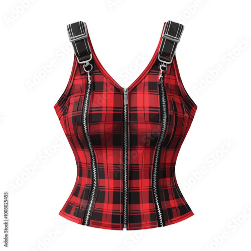 A red and black plaid bustier dress with zippers vector