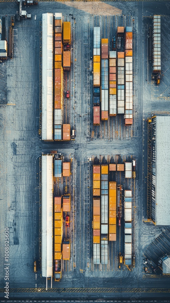 Obraz premium Aerial view of a busy shipping yard with stacked containers organized in rows, highlighting logistics and transportation operations.