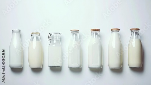 A line-up of different milk bottles, including dairy and plant-based varieties, displayed on a clean white background for a modern, healthy choice.