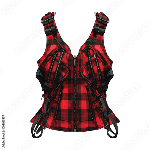A red and black plaid bustier dress with zippers vector