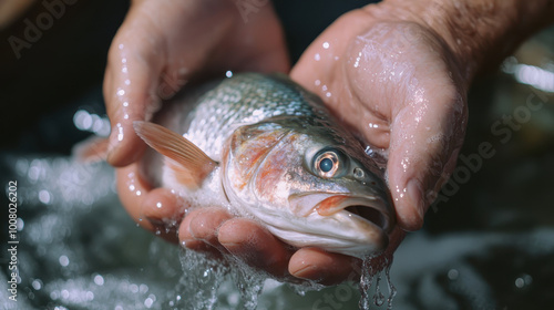 Cleaning Fish on Water Jet Before Cooking. Gilt head bream fish. photo