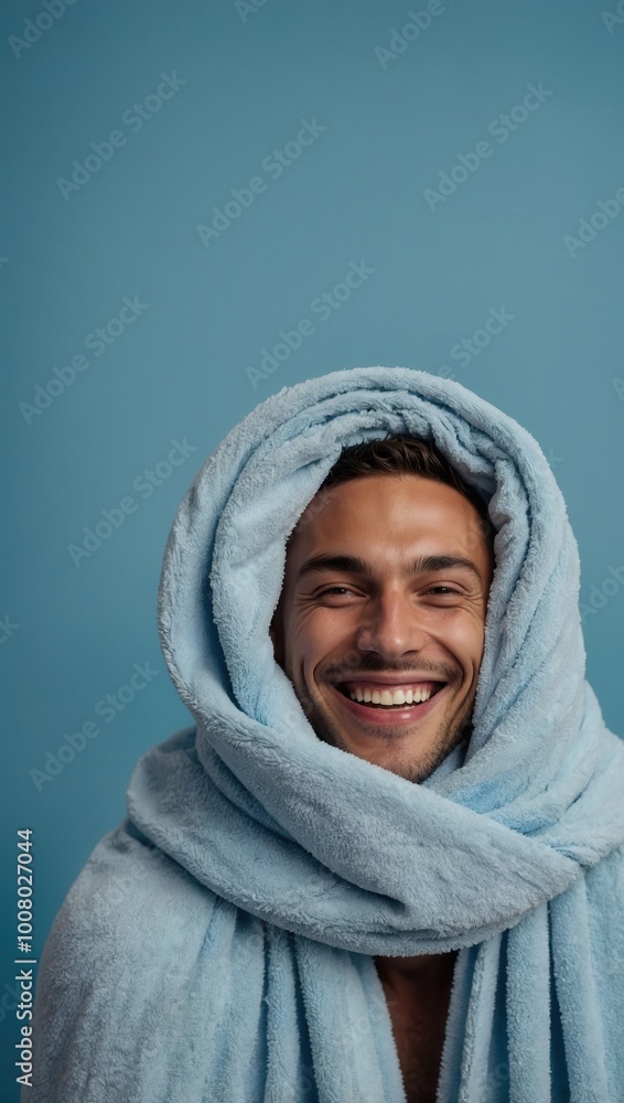 Smiling young man wrapped in light blue towel, looking cozy and relaxed Smiling young man wrapped in light blue towel, looking cozy and relaxed