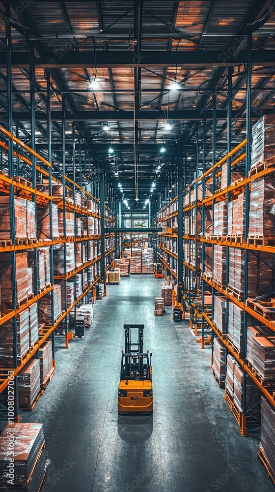 Aerial view of a spacious warehouse with pallets stacked high and a forklift navigating the aisles, highlighting industrial efficiency. Aerial view of a spacious warehouse with pallets stacked high and a forklift navigating the aisles, highlighting industrial efficiency.