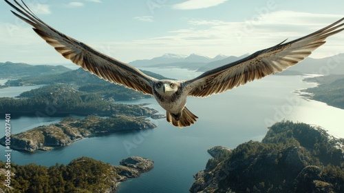 A majestic eagle soaring over a scenic landscape with mountains and water below. photo