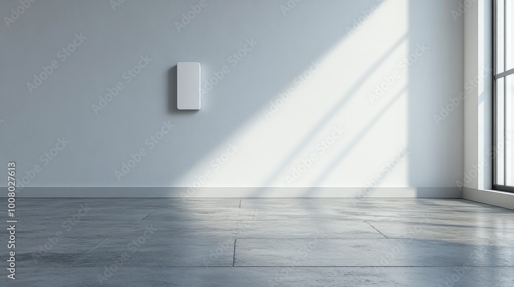 Minimalist interior with wall-mounted device and sunlight. Minimalist interior with wall-mounted device and sunlight.