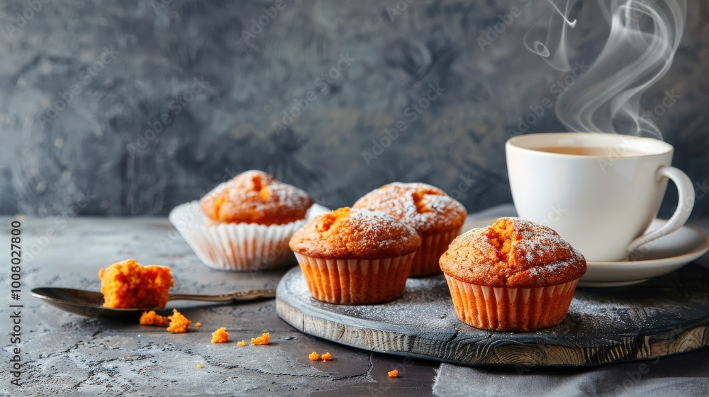 Freshly Baked Carrot Muffins and Tea, Soothing Grey Background Freshly Baked Carrot Muffins and Tea, Soothing Grey Background