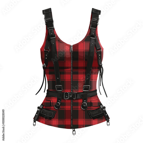 A red and black plaid bustier dress with zippers vector