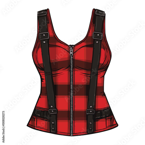 A red and black plaid bustier dress with zippers vector