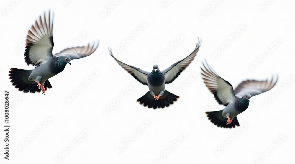 Fototapeta premium Close-up view of three pigeons soaring against a white backdrop