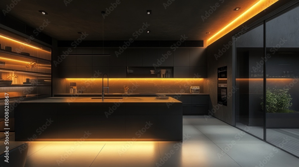 Modern kitchen with sleek design and ambient lighting. Modern kitchen with sleek design and ambient lighting.