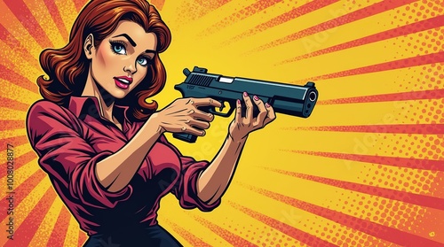 Retro comic style woman holding a gun illustration photo