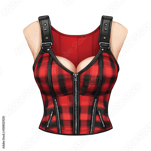 A red and black plaid bustier dress with zippers vector