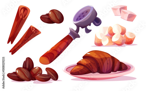 Barista and coffeeshop cartoon vector set with coffee beans and portafilter with handle for espresso maker machine, freshly baked croissant and sweet marshmallow, sugar cubes and cinnamon sticks.