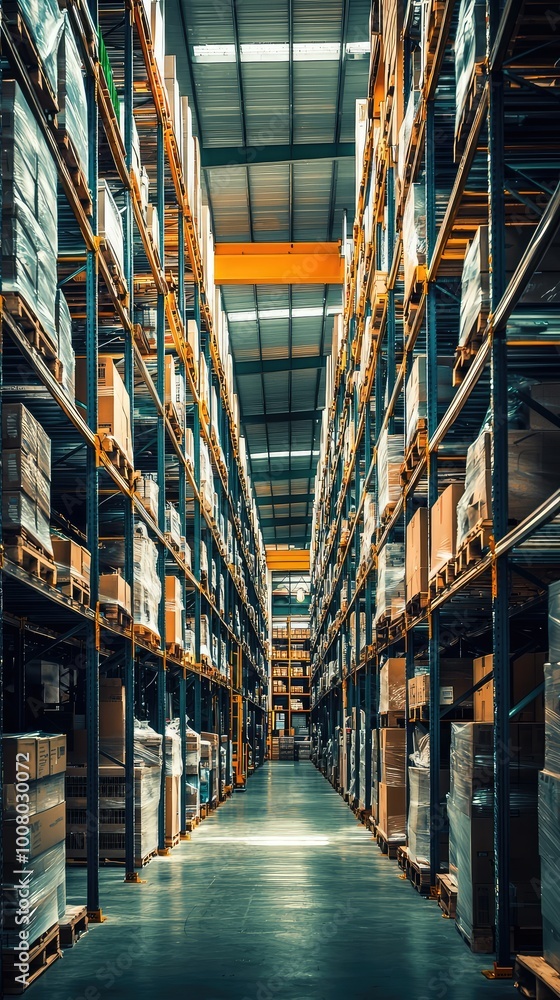 An expansive warehouse interior featuring tall shelves filled with palletized goods, illuminated by soft overhead lighting. An expansive warehouse interior featuring tall shelves filled with palletized goods, illuminated by soft overhead lighting.