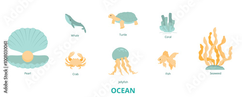 Ocean Flat Banner Web Icon Set Vector Illustration, Whale Coral Jellyfish Turtle Fish Pearl Seaweed Crab