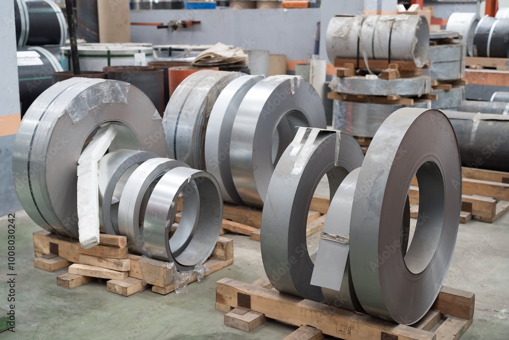 Metalwork manufacturing, warehouse of raw materials. Rolls of metal sheet or Rolls of stainless steel in aluminium material warehouse Metalwork manufacturing, warehouse of raw materials. Rolls of metal sheet or Rolls of stainless steel in aluminium material warehouse