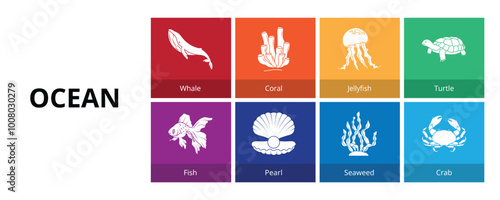 Ocean Glyph Solid Banner Web Icon Set Vector Illustration, Whale Coral Jellyfish Turtle Fish Pearl Seaweed Crab