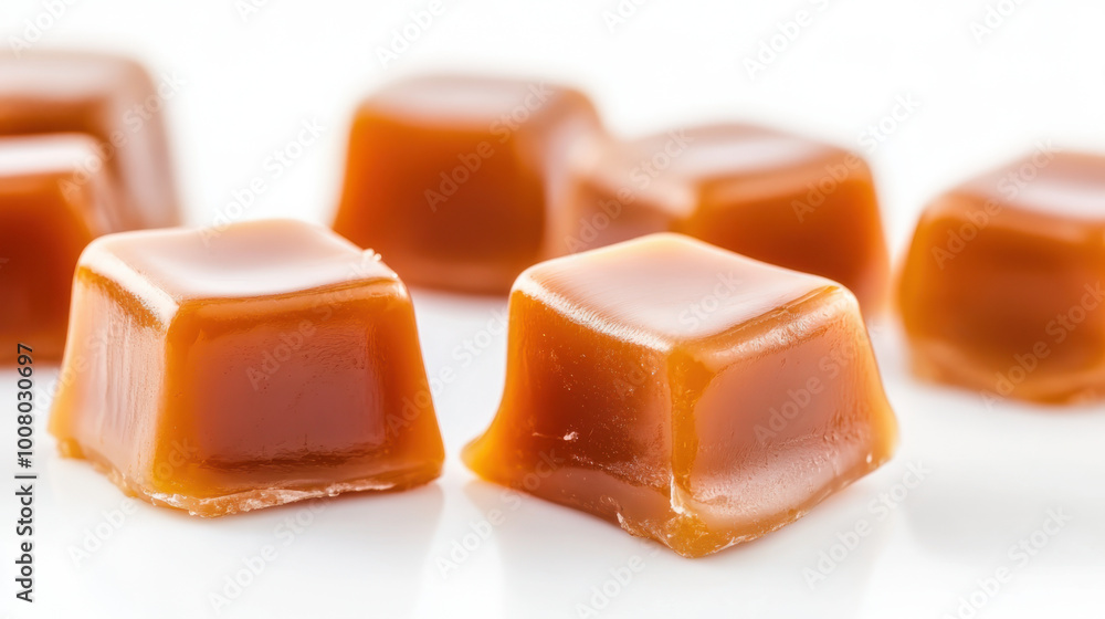 Caramel Candies With Sauce On White Background, Closeup. Generative AI Caramel Candies With Sauce On White Background, Closeup. Generative AI
