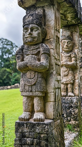 Ancient stone sculptures depicting historical figures surrounded by lush greenery, showcasing intricate details and artistry.