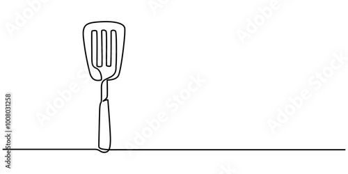 Continuous one line drawing of a kitchen spatula. Cooking spatula isolated on a white background. Vector illustration, Spatula. Icon. Vector drawing. One line art. A simple drawing of a continuous