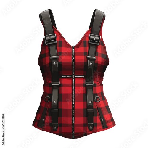 A red and black plaid bustier dress with zippers vector