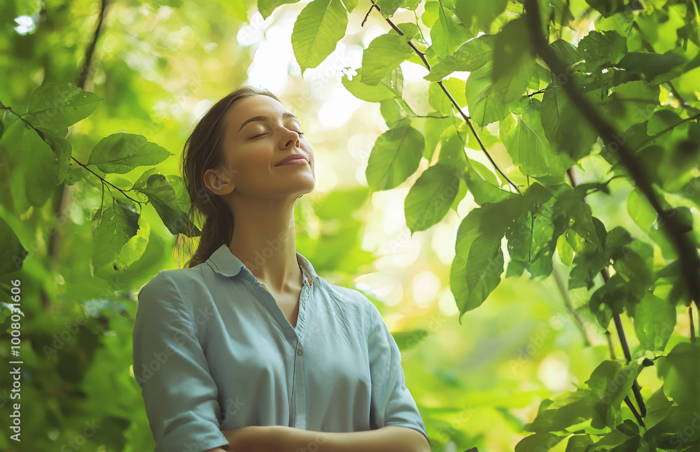 Relaxed woman, greenery, copy space Relaxed woman, greenery, copy space
