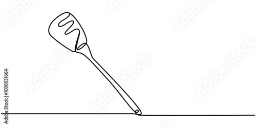 Continuous one line drawing of a kitchen spatula. Cooking spatula isolated on a white background. Vector illustration, Spatula. Icon. Vector drawing. One line art. A simple drawing of a continuous