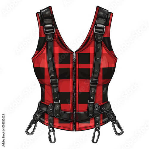 A red and black plaid bustier dress with zippers vector