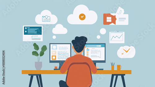 animated flat illustration of man working at desk in front of two computers with cloud icons surrounding him - blue and orange theme