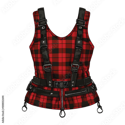 A red and black plaid bustier dress with zippers vector