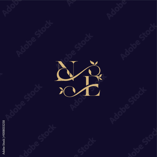 beauty leaf monogram logo organic and elegant concept NE wedding initial letter