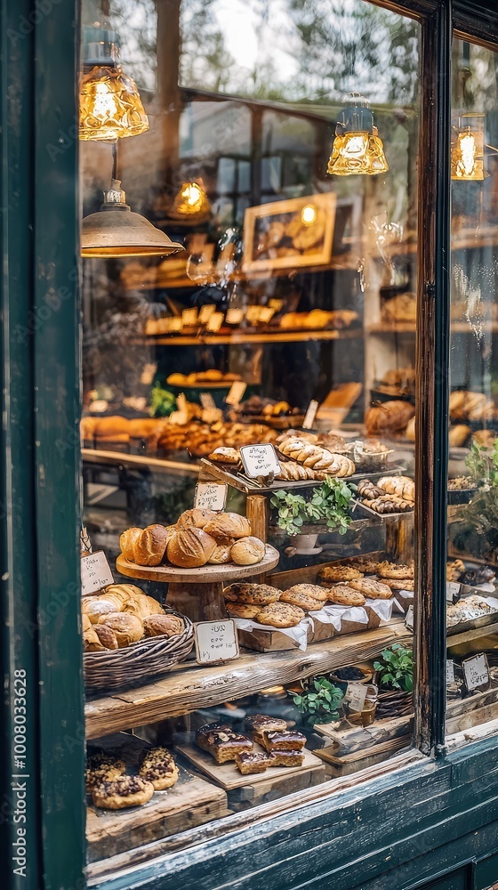 Charming bakery display showcasing a variety of fresh pastries and baked goods through a quaint window. Charming bakery display showcasing a variety of fresh pastries and baked goods through a quaint window.