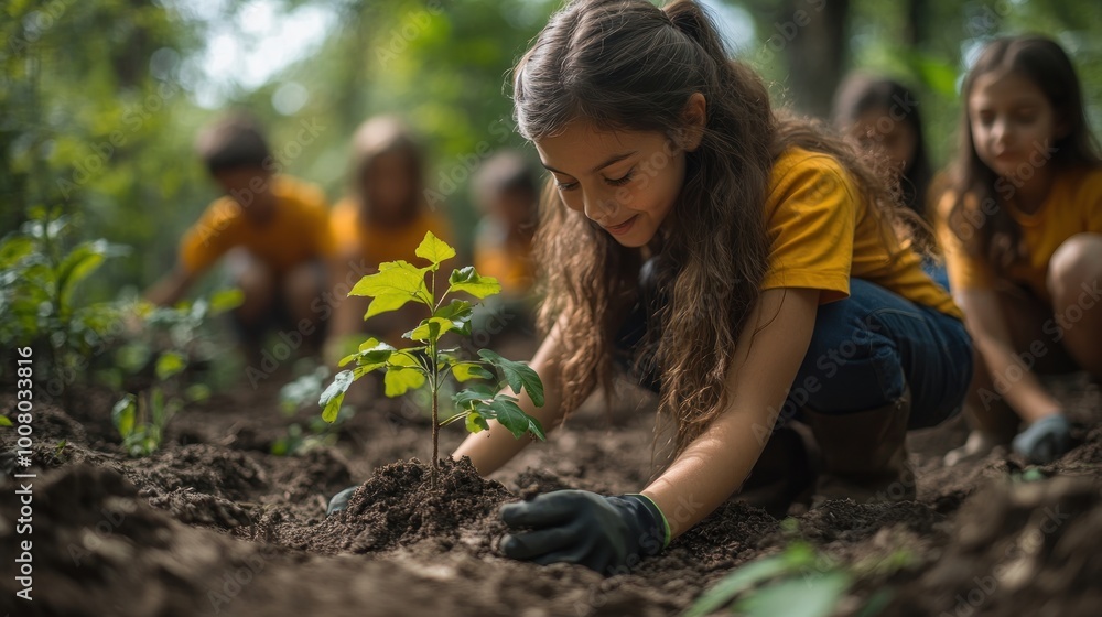 Children planting a young tree in a forested area. Children planting a young tree in a forested area.