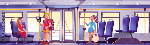People inside public transport. Vector cartoon illustration of happy man with backpack traveling by city bus, women commuting to work, comfortable tram seats, passenger using modern ticket terminal