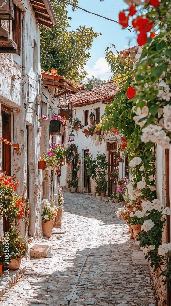 Charming cobblestone street adorned with vibrant flowers and traditional architecture, creating a picturesque and serene village atmosphere. Charming cobblestone street adorned with vibrant flowers and traditional architecture, creating a picturesque and serene village atmosphere.