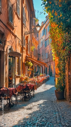 Charming cobblestone street lined with colorful buildings and quaint outdoor cafes, creating an inviting atmosphere for visitors.