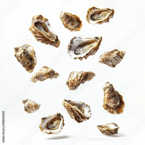 Flying grilled oysters, isolated on a white background, creating a whimsical scene as they soar through the air with excitement.