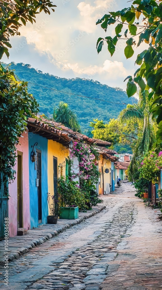 Charming cobblestone street lined with colorful houses, surrounded by lush greenery and majestic mountains in the background. Charming cobblestone street lined with colorful houses, surrounded by lush greenery and majestic mountains in the background.