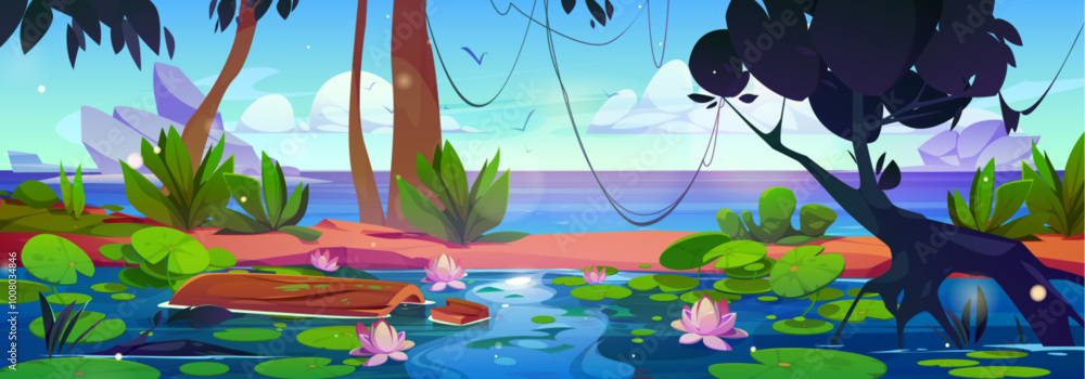 Obraz premium Jungle lake with lotus flowers. Vector cartoon illustration of beautiful scenery with tropical lianas on rainforest trees, green leaves, pink lilies on water surface, birds flying in sky above rocks