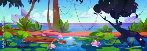Jungle lake with lotus flowers. Vector cartoon illustration of beautiful scenery with tropical lianas on rainforest trees, green leaves, pink lilies on water surface, birds flying in sky above rocks