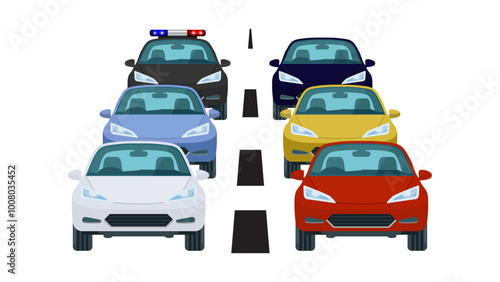Traffic Jams Scene: Two Lanes of Heavy Car traffic jam with Police Vehice in Tow